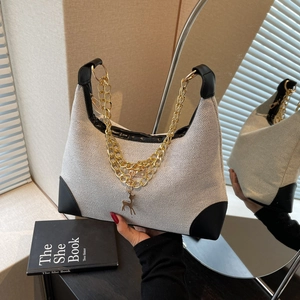 Sac à Épaule Femme Mode Toile Patchwork Grande Capacité Sac Bandoulière Avec Chaîne Dorée Et Pendentif Cerf Sac Hobo Navette