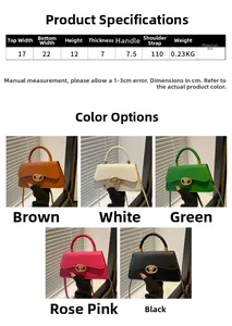 Detailed size chart and five color options for this minimalist PU leather shoulder bag