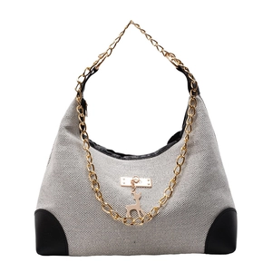 Minimalist grey woven tote bag with gold chain strap and deer charm detail