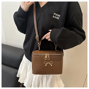Detail of dark brown leather box bag featuring a golden bow and dual zipper closure