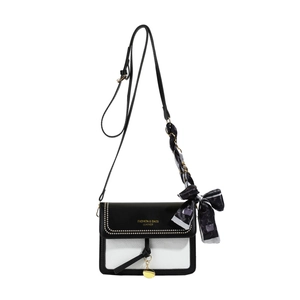 Contrast small square crossbody bag with gold lettering and decorative silk scarf