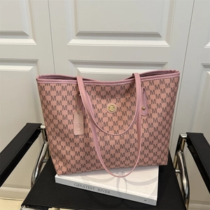 Large Capacity Tote Bag PU Leather M Monogram Print Women Handbag With Metal Round Logo Urban Simple Commute Shoulder Bag