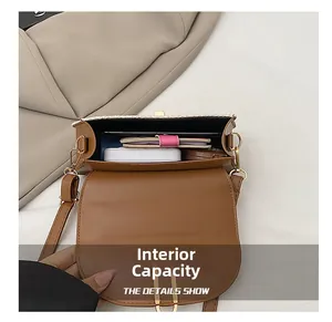 Detail showing internal capacity of the brown woven bag with daily essentials inside