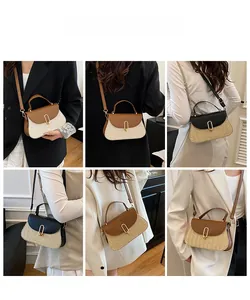 Detail view of woven straw crossbody bags with leather flap in brown and black styles