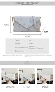 Detailed size specifications of printed PU leather envelope bag with gold chain strap