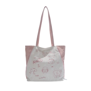 Minimalist pink and white tote bag with cute cartoon illustrations and top handles
