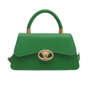 Elegant green trapezoid shoulder bag with gold round buckle and minimalist leather handle