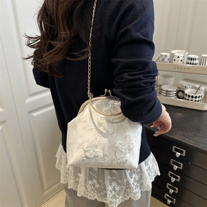 Elegant white lace frame bag with 3D butterflies and gold chain strap for women