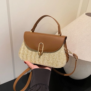 Sac à Main Rétro en Paille Patchwork pour Femmes Sac Bandoulière Minimaliste Urbain Avec Boucle Ovale Dorée Sac de Plage