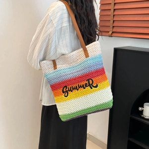 Rainbow striped bucket bag with Summer embroidery and leather straps for women