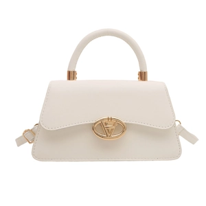 Elegant white trapezoid handbag with gold oval lock and detachable shoulder strap