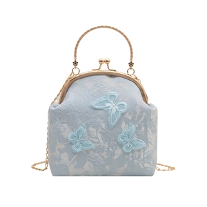 Sweet light blue lace handbag with 3D butterfly embroidery and gold chain strap