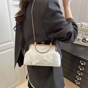 White lace crossbody bag with butterfly embroidery and golden chain strap