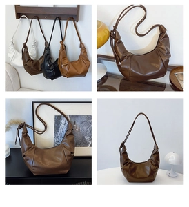 Collage of retro hobo bags in four colors showing leather texture and stylish knot details
