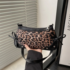 Borsa Sottobraccio da Donna Vintage con Stampa Leopardata e Fiocco in Pelle PU Borsa a Spalla Moda Rivetti Baguette