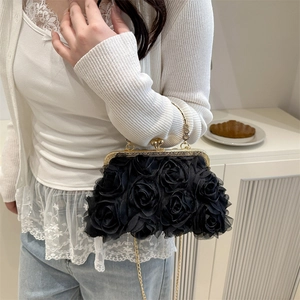 Elegant 3D rose evening clutch bag in black with gold clasp and chain strap
