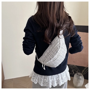Detail of tweed checkered crossbody bag with white zippers worn by a model in soft light