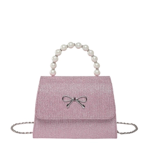 Pink sequin crossbody bag with pearl handle and silver bow for 2025 fashion style