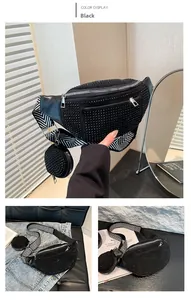 Detail of black rhinestone chest bag with herringbone strap and small round coin purse