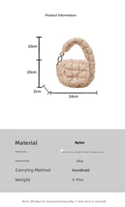 Size chart showing nylon quilted bag dimensions 14x10x2cm and 10cm handle height