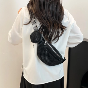 Sparkling black rhinestone saddle bag with wide striped strap and mini coin pouch