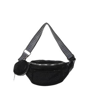 Chic black crescent crossbody bag with rhinestones, wide strap and mini coin pouch