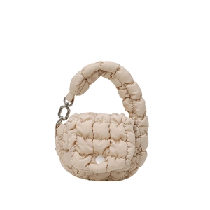 Mini cloud-shaped beige handbag with quilted texture and stylish silver clasp detail