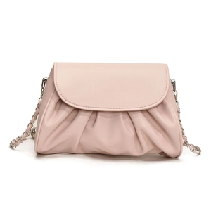 Pink soft leather cloud crossbody bag with pleated design and silver chain strap