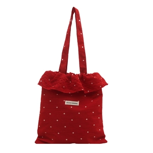 Sac fourre-tout en toile rouge à fleurs avec bords volantés et grande capacité