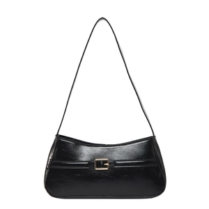 Minimalist black glossy shoulder bag for women with a vintage golden metal buckle