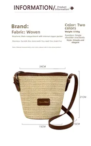 Detailed view of woven straw bucket bag showing dimensions and interior pocket structure
