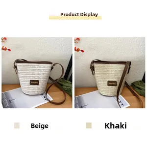 Detail view of woven bucket bags in beige and khaki with premium leather shoulder straps
