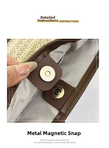 Detail showing high-quality magnetic metal clasp on woven bucket bag with leather trim
