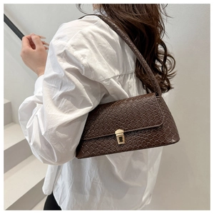 Detailed view of dark brown woven texture shoulder bag with gold square metal buckle