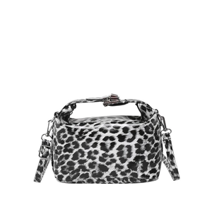 Classic black and white leopard print crossbody bag with silver buckle and top handle
