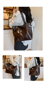 Macro detail of dark brown glossy leather tote bag showing large capacity and shiny finish