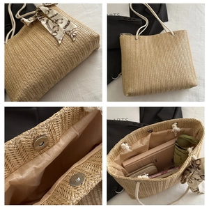 Detail views of woven straw tote bag with silk scarf, magnetic closure and large interior