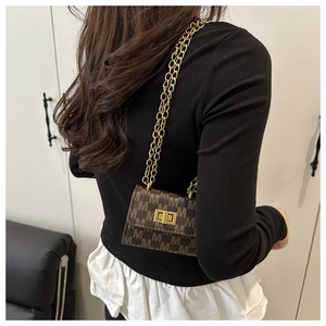 Detail of a mini monogram chain bag with gold twist lock and brown letter pattern