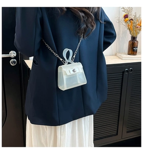Detail view of mini transparent PVC crossbody bag with silver chain worn over a navy blazer