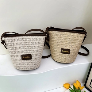 Women Woven Straw Bucket Bag With Adjustable Leather Strap Summer Vacation Casual Shoulder Crossbody Bag Fashion Handbag