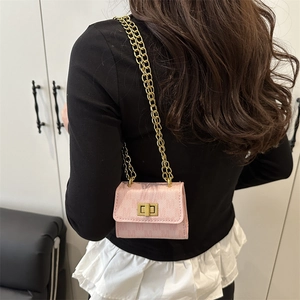 Pink lychee grain leather crossbody chain bag for women with golden square lock