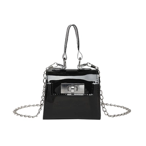Mini black jelly handbag in glossy patent leather with silver lock and chain strap