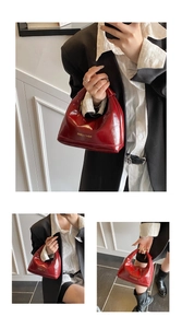 Détails de ce sac en cuir verni bordeaux brillant avec des lettres dorées de mode