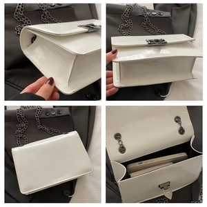 Collage of white patent leather chain bag showing sides, interior, and bottom views