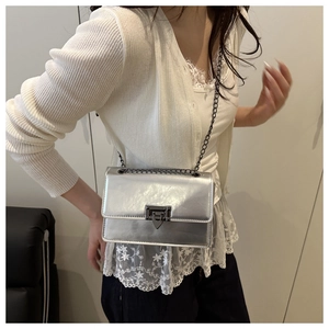 Detail of silver metallic crossbody bag with dark chain strap and metal clasp closure