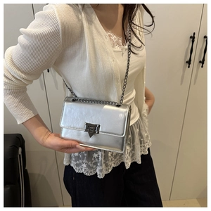 Close-up of a metallic silver crossbody bag featuring a dark grey metal chain and buckle
