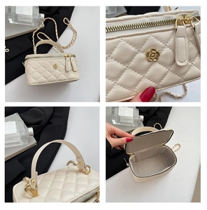 Detailed views of beige quilted bucket bag featuring gold camellia hardware and chain strap