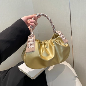 Women Ruched Cloud Bag Fashion Pleated PU Leather Handbag With Satin Scarf Bow Decor Elegant Shoulder Crossbody Bag Daily