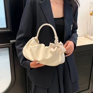 Chic pleated cloud bag in off-white with diamond bow detail for women's crossbody use