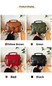 Detailed four-color collage of retro PU leather handbags in brown, green, red, and black